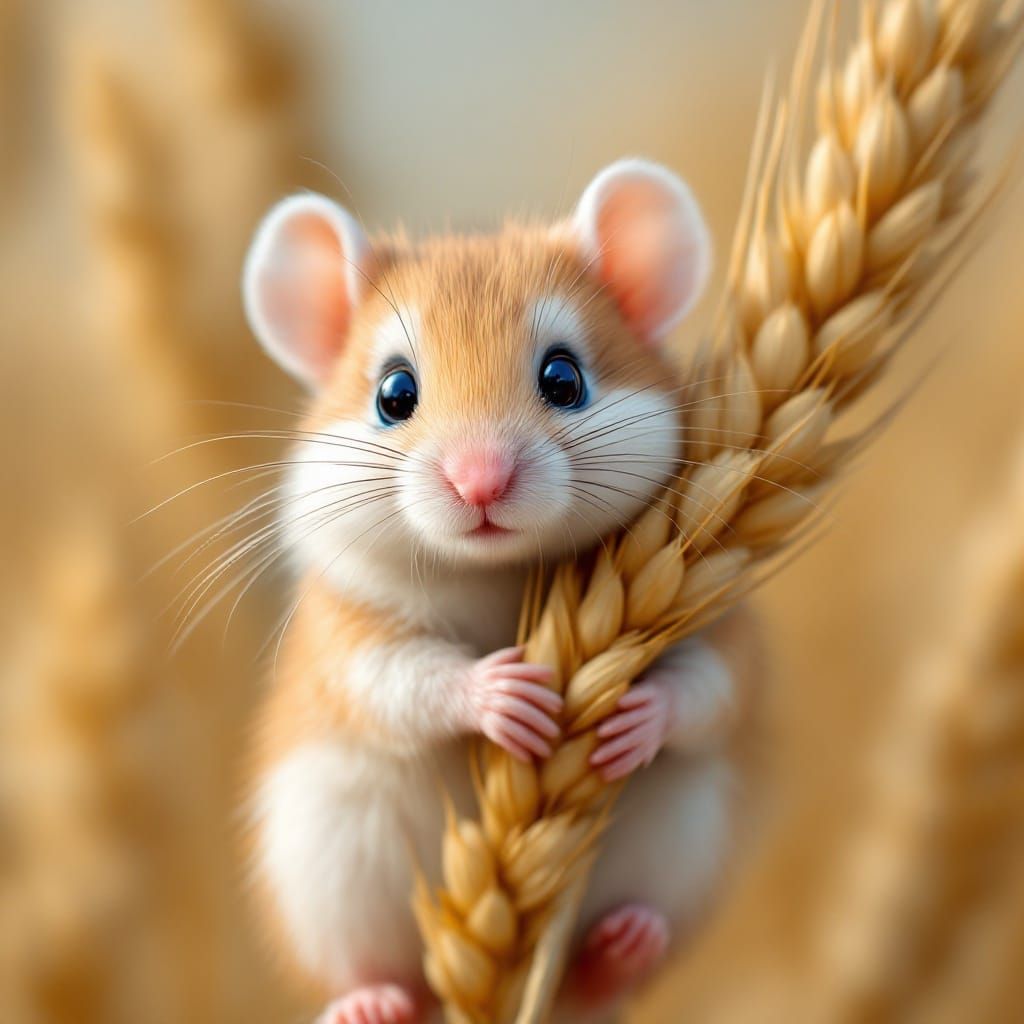A Happy Harvest Mouse in a Wheat Kernel Scene