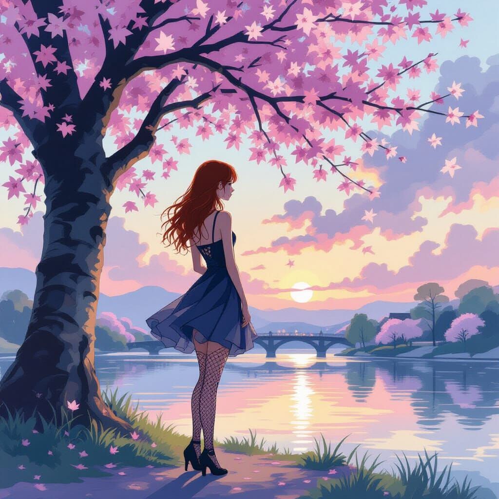 Figure in Fishnets Under Sakura Twilight