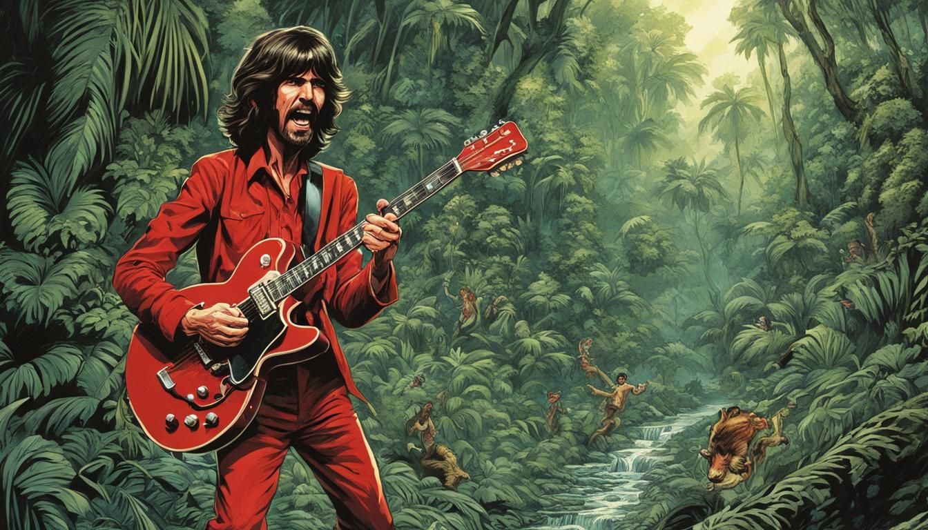 George Harrison playing his red electric guitar and doing a Tarzan yell in the jungle Mark Brooks and Dan Mumford, comic...