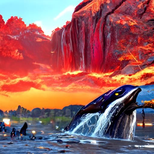 Whales and Dolphins at Sunset Waterfall: Fantasy Concept Art