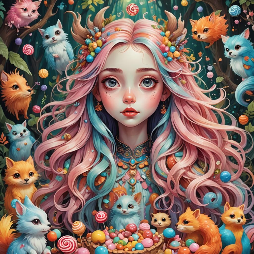 Whimsical Girl Animal in Vibrant Forest Illustration