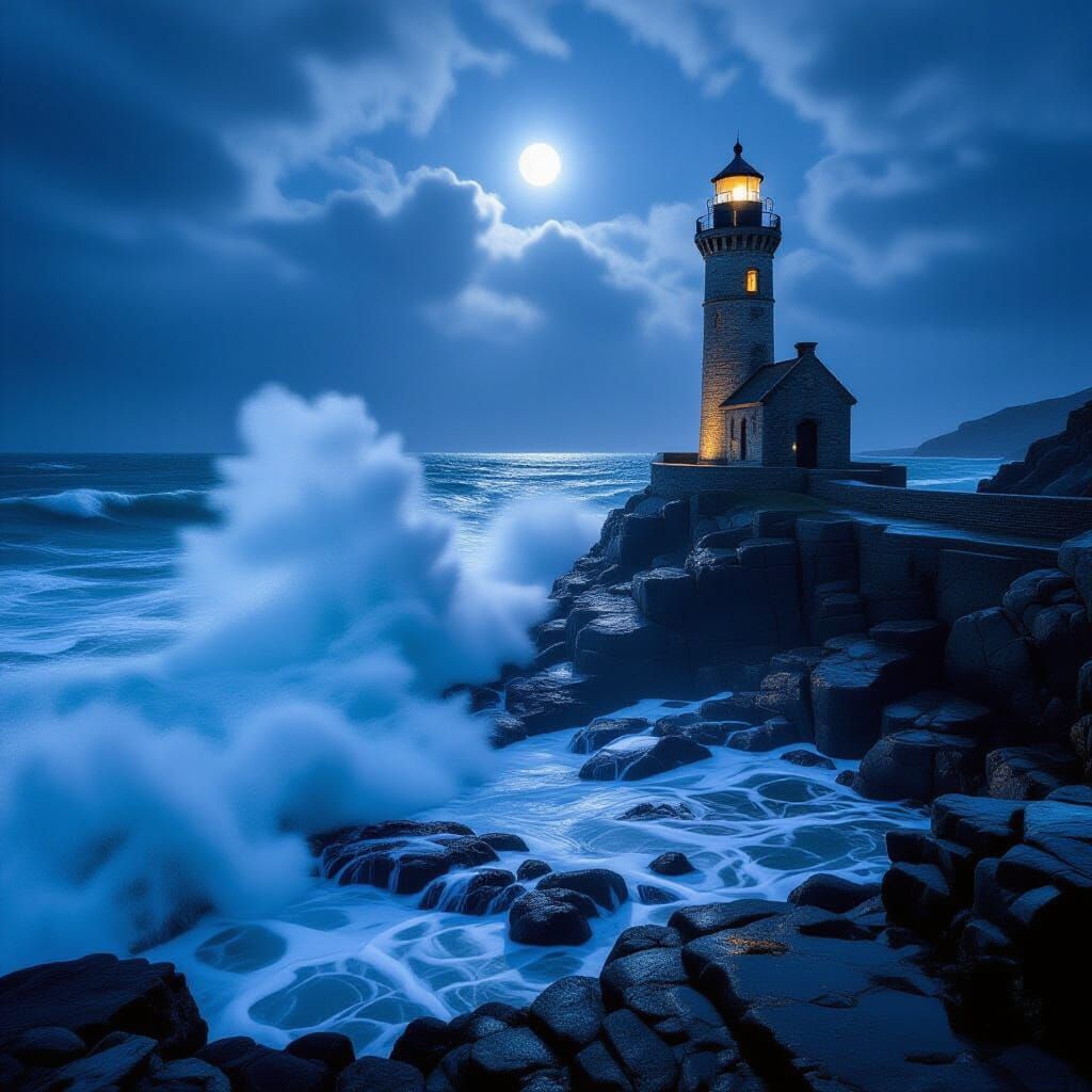 Moonlit Towers Amidst Stormy Seas