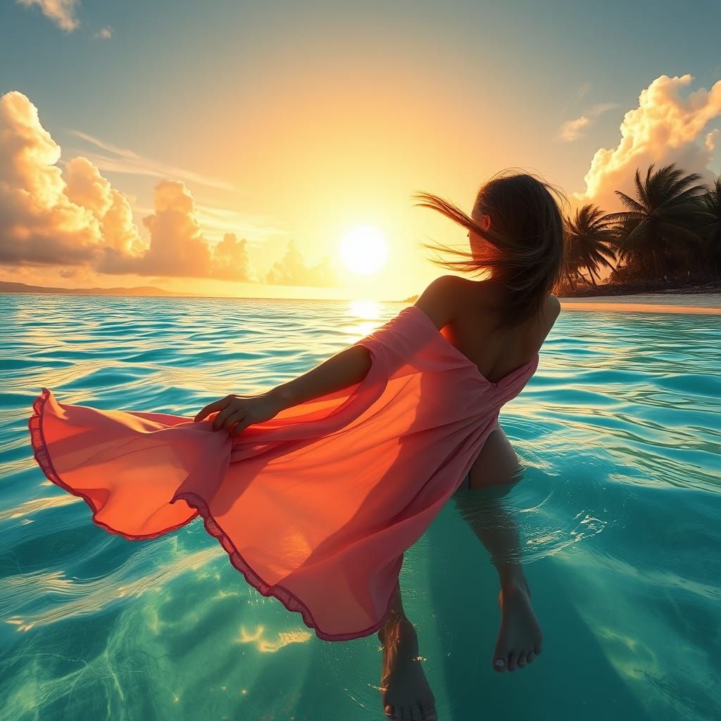Woman Swimming at Beach in Digital Matte Painting Style