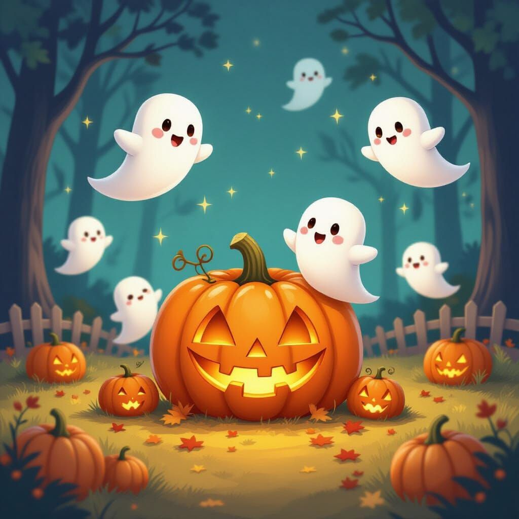 Cute Ghosts in a Pumpkin Patch