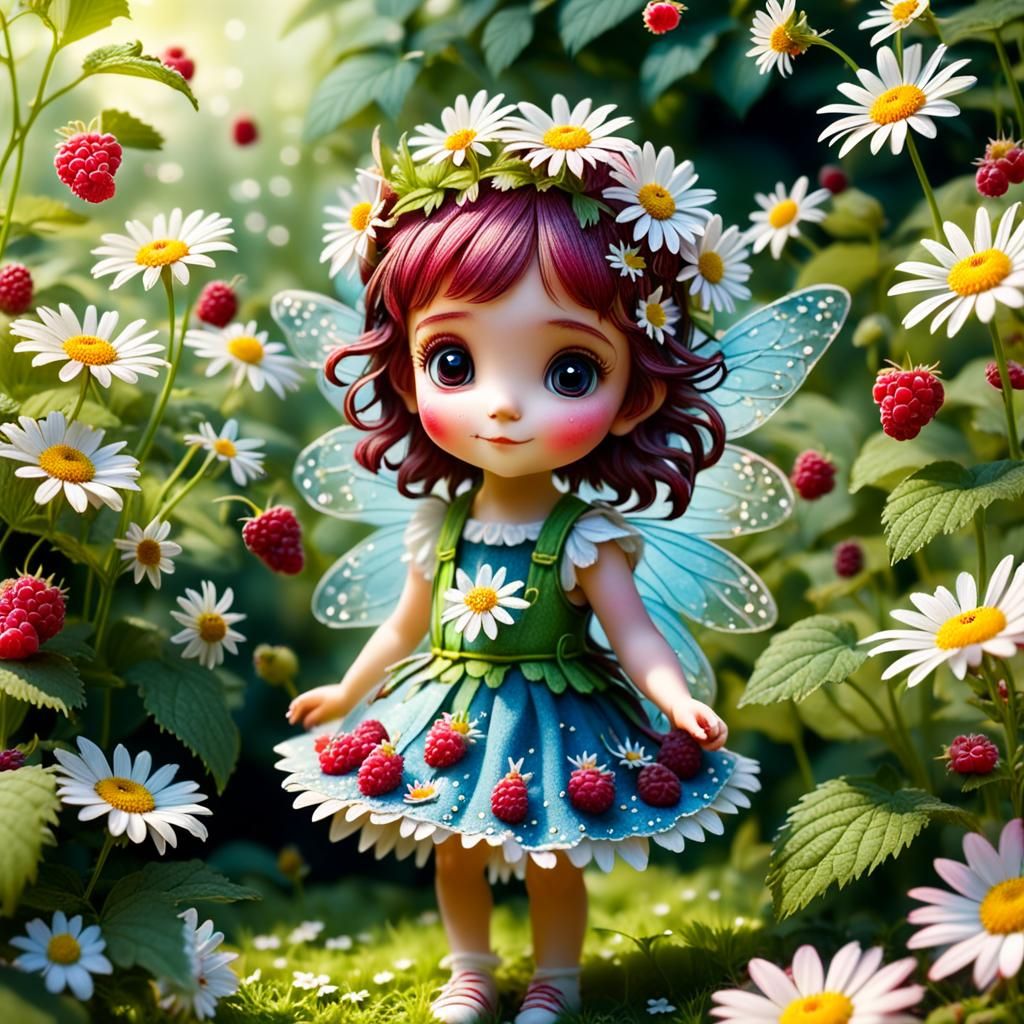 Adorable Daisy Fairy in Raspberry Garden