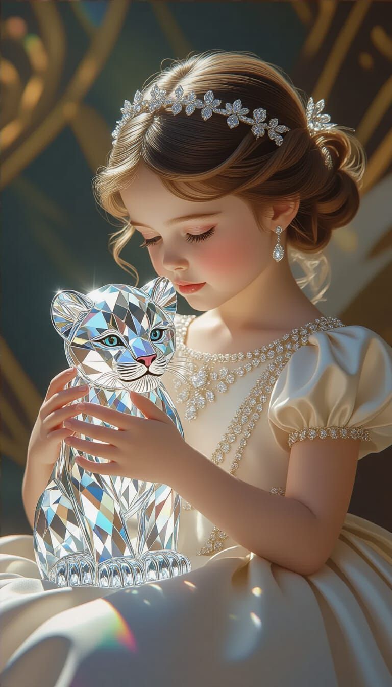 Girl with Crystalline Lion Cub, Faceted Diamond Realism