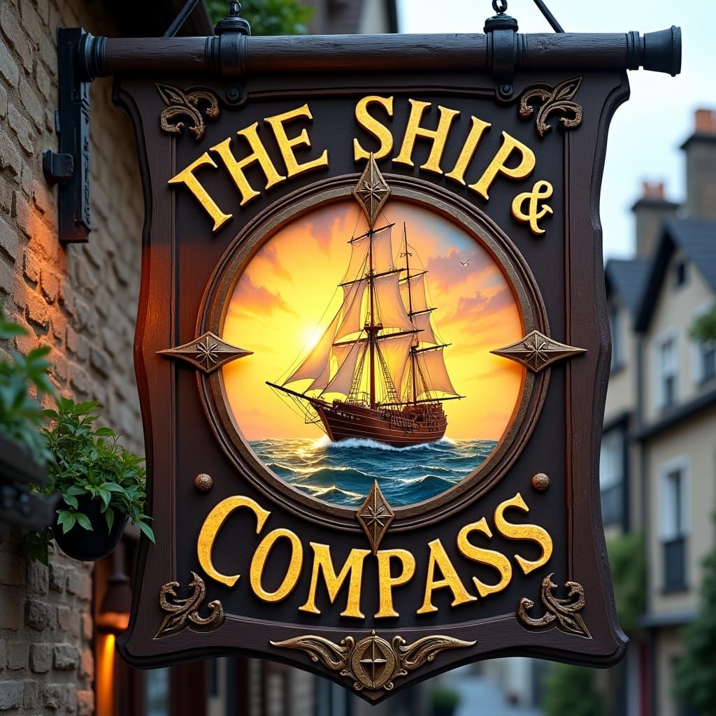 The Ship & Compass Pub Sign in Folk Art Style