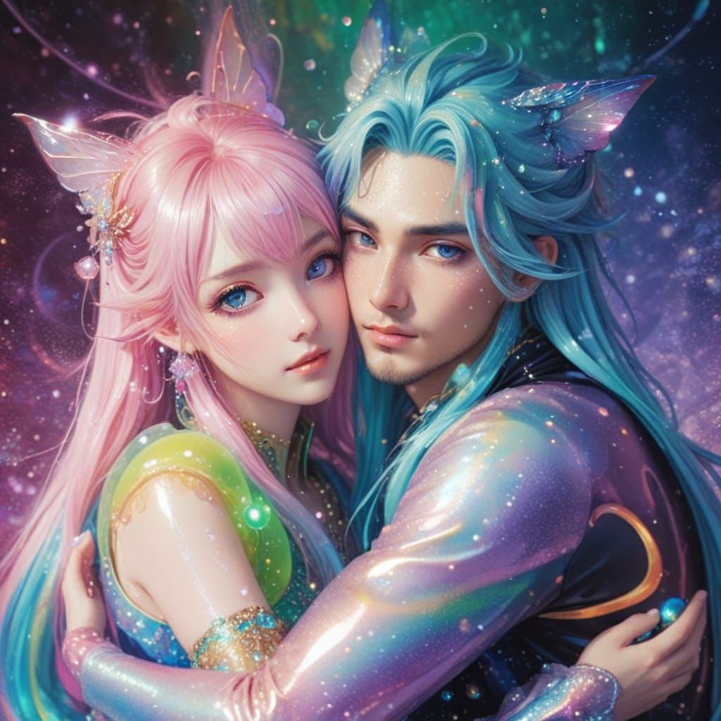 Whimsical Fairy Couple in Shimmering Soap Bubbles