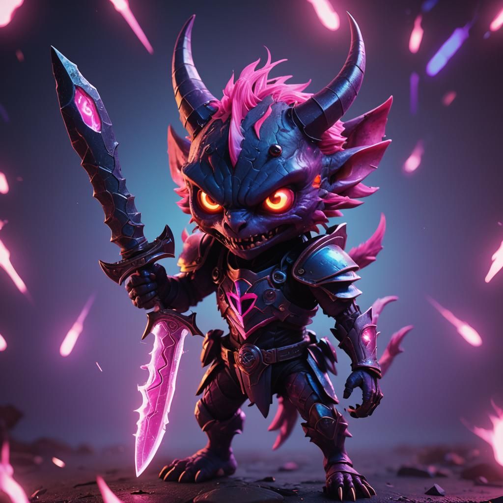 Broken Creature with Fire Eyes in Neon Aura