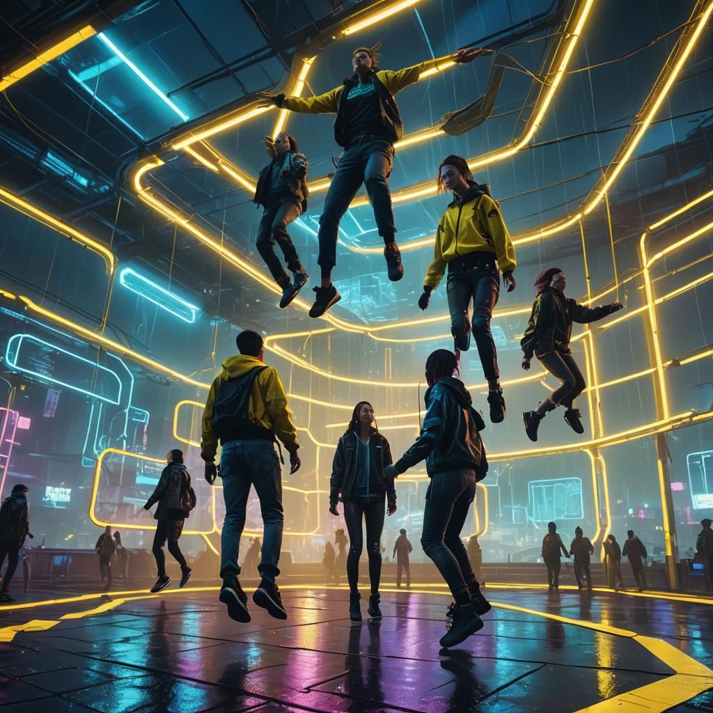 Cyberpunk Trampoline Park: Neon-Lit Futuristic Adventure