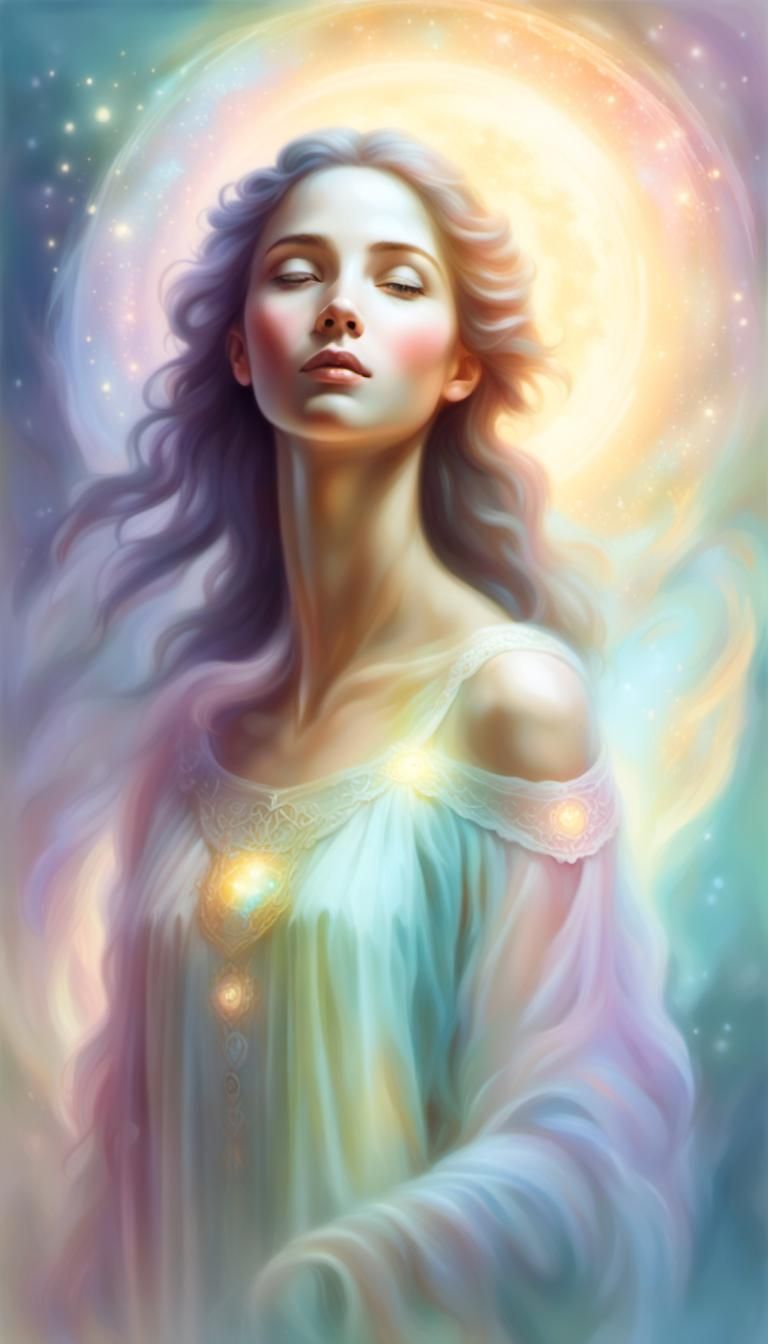 ethereal female figure, her features softly drawn and surrounded by a glowing (((radiant atmosphere))), ((beautiful past...