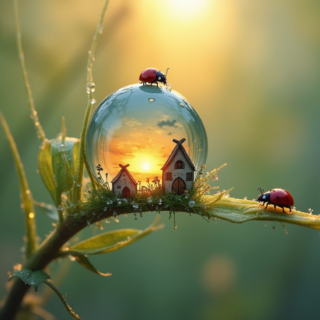 Miniature World in Dewdrop, Watercolor Naïve Style