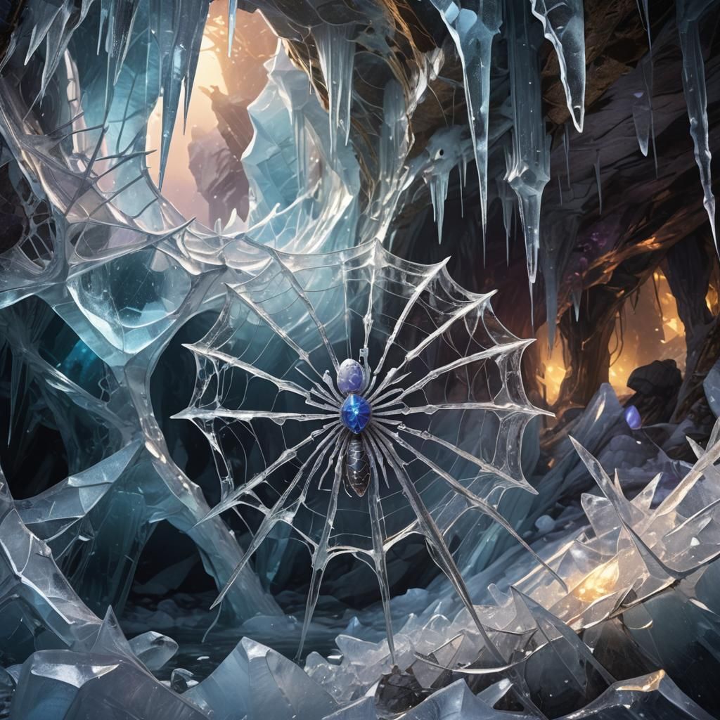 Ice Spider Weaving Web in Frosty Cavern