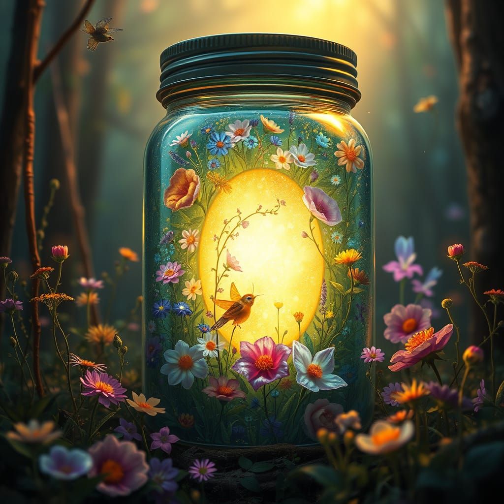 Whimsical Jar Portal to Enchanted Forest