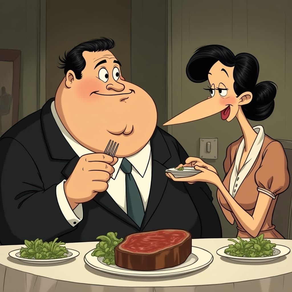 1930s Cartoon: Obese Man Eats Steak Beside Slender Woman