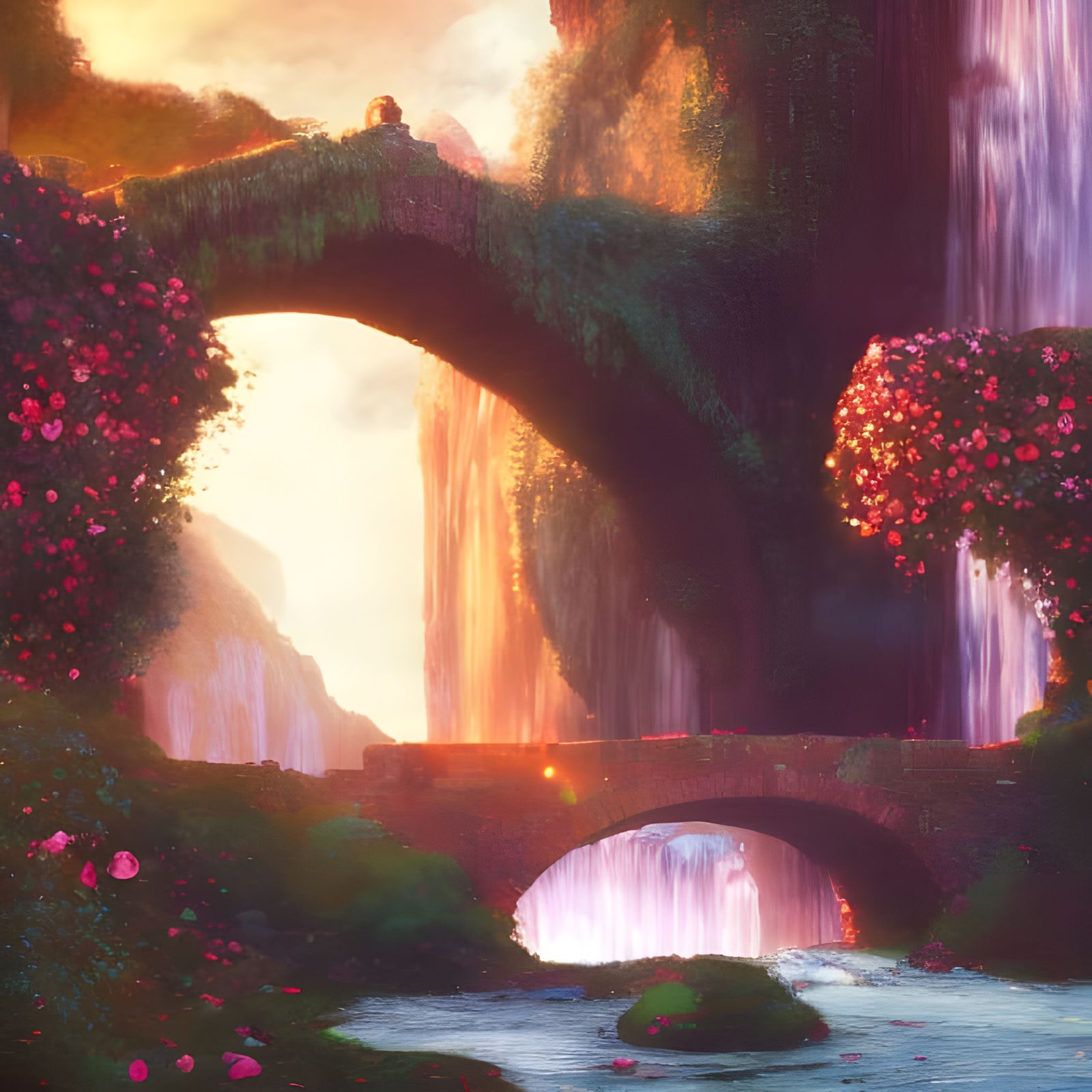 Dystopian Waterfall Over Ancient Bridge in Twilight
