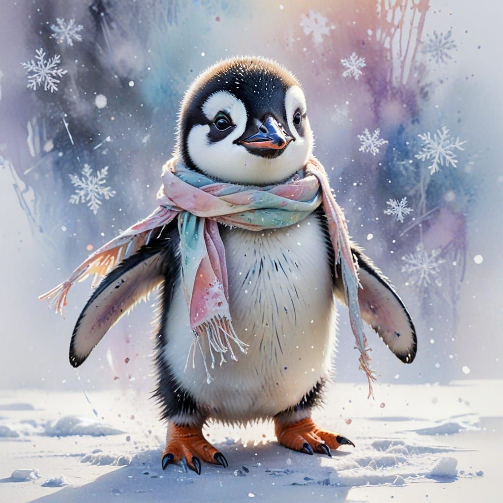 Playful Penguin on Ice in Expressive Watercolor Style
