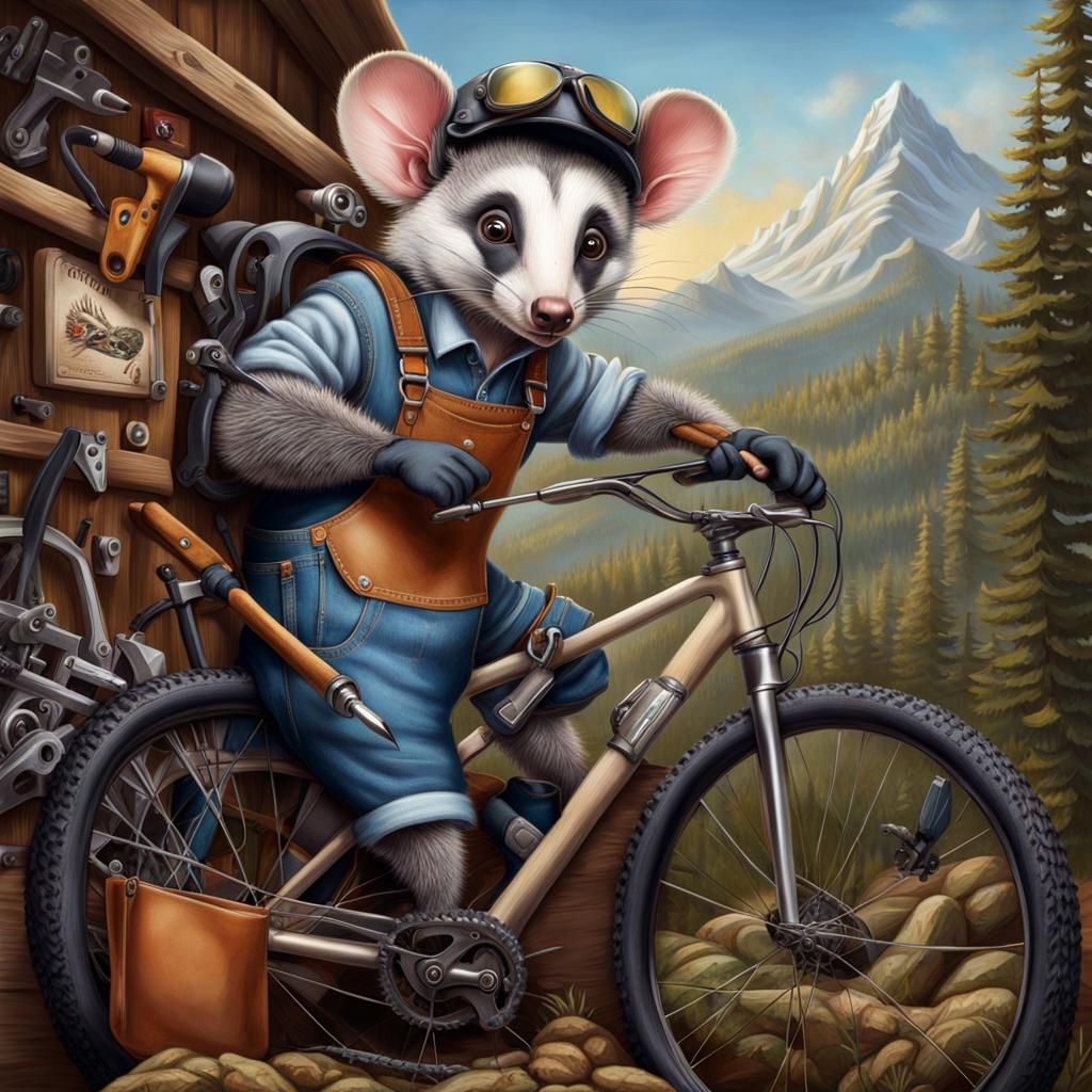 Opossum Mechanic Repairs Mountain Bike: Hyperrealistic Art