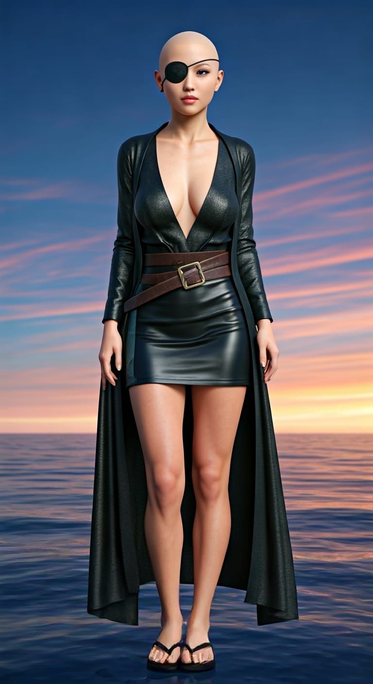 Bald Asian Woman Pirate in Dystopian Landscape