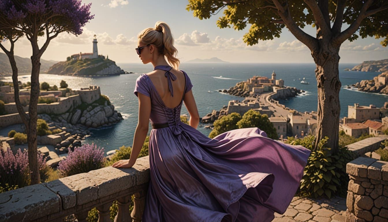 Girl in Purple Dress Gazes at Sea in Golden Hour