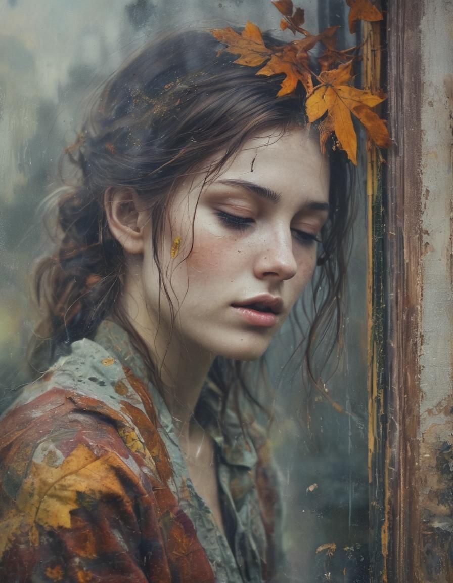 Autumn Rain: Double Exposure Painting of Sadness
