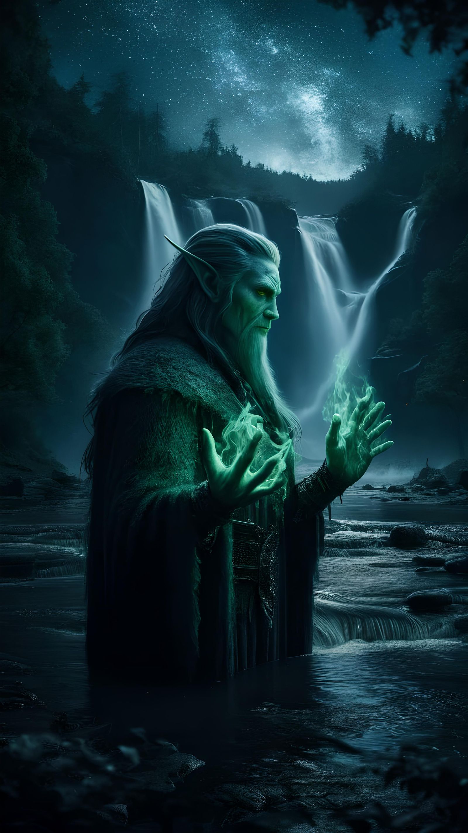 Dark Elf Wizard Portrait with Emerald Flames