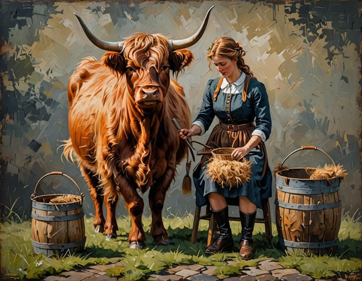 Scandinavian Milkmaid and Highland Cow as Impasto Painting