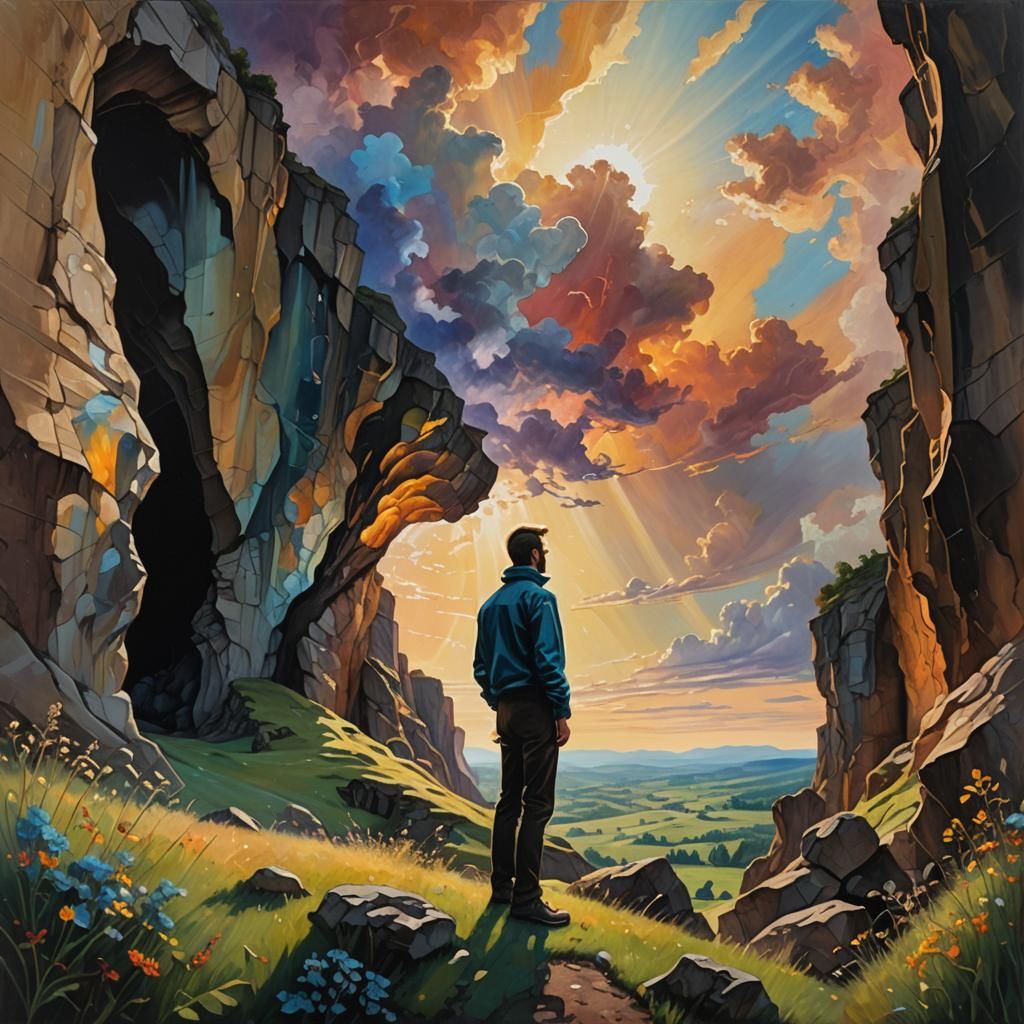 Surreal Figure Between Light and Darkness as Oil Painting