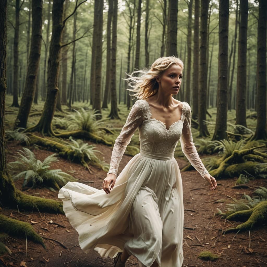 Blonde Bride Runs Through Forest: Cinematic Film Still