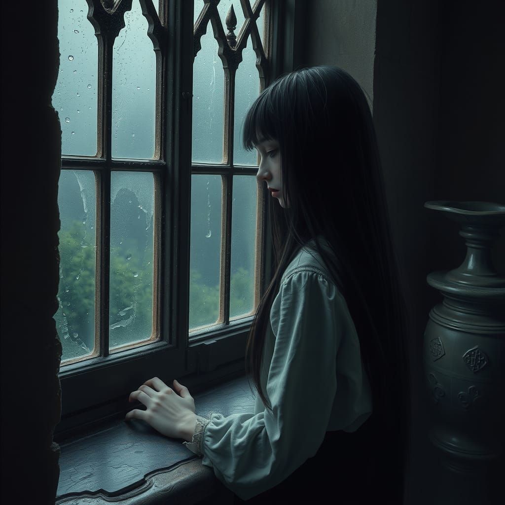 Melancholy Girl by Misty Window, Detailed Matte Painting