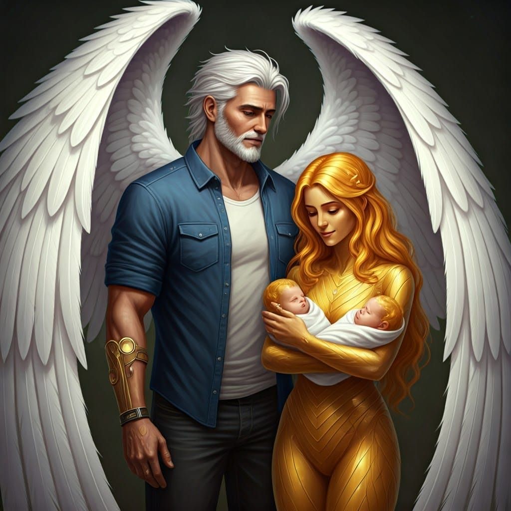 Tall Man with Wings Observes Family in Futuristic Scene