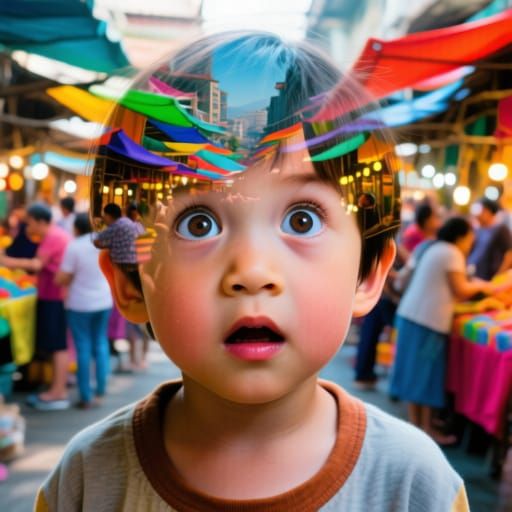 Surreal Double Exposure Portrait: Child's Face Meets Bustlin...