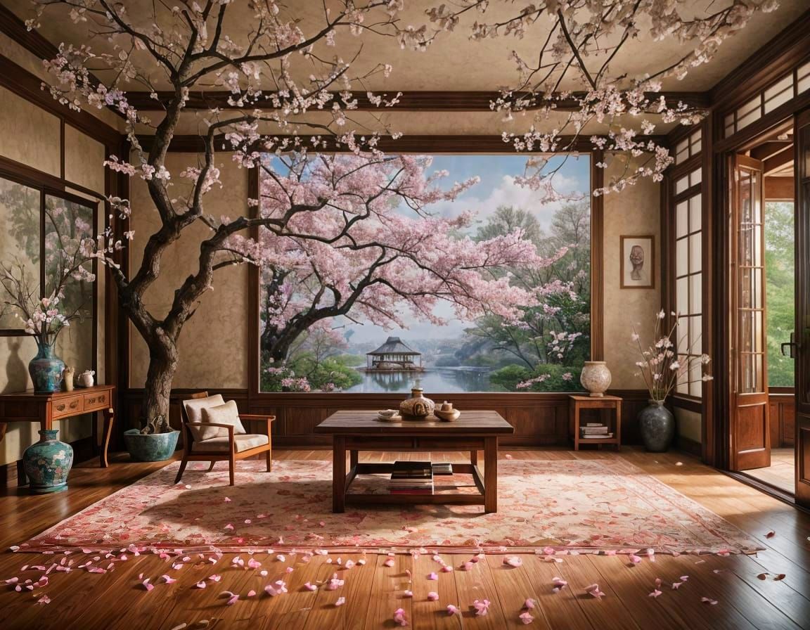 Luxury Room with Cherry Blossoms, Detailed Matte Painting