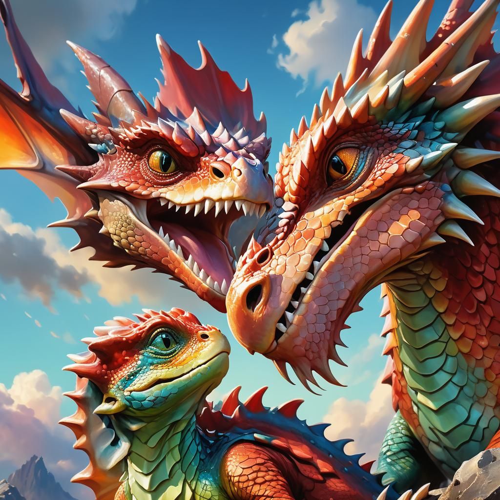 Hatchling Red Dragon Looks to Mother: Surreal Art