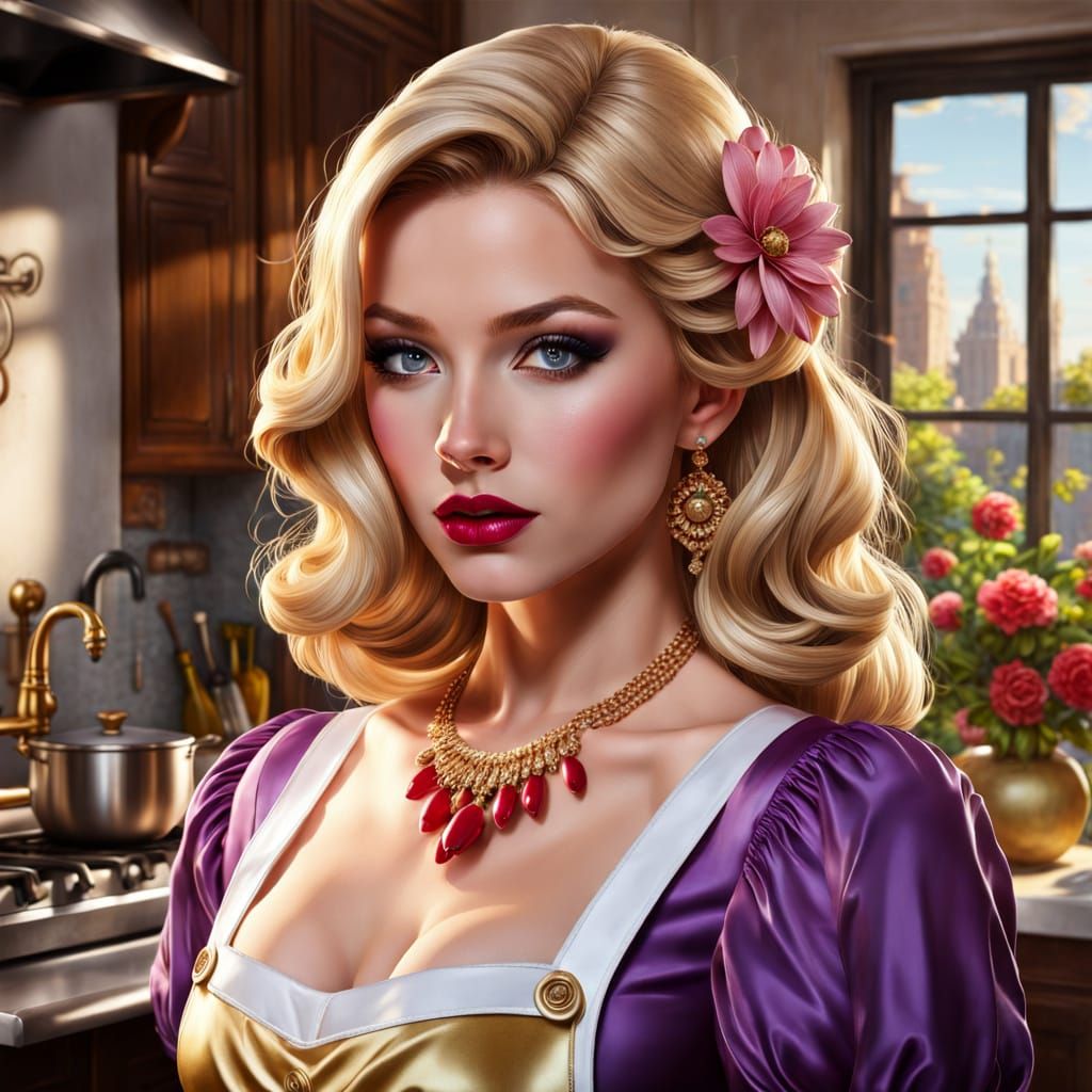Francine in Kitchen: Vibrant Oil Painting with Golden Hour L...