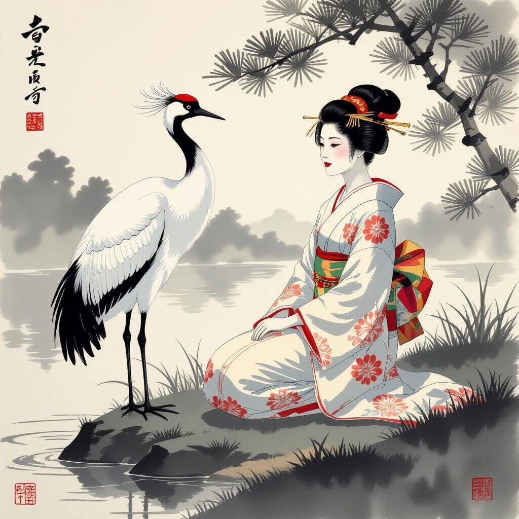 White Crane in Contemplation, Japanese Landscape Painting
