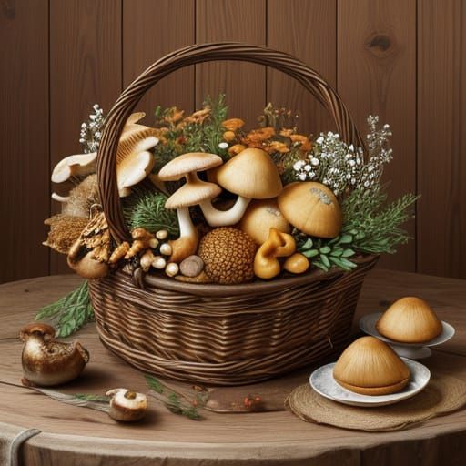 Cozy Still Life: Mushrooms Spill From Wicker Basket