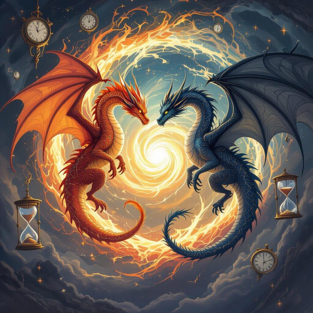 Dragons Dancing Around a Time Vortex in Dark Fantasy Style