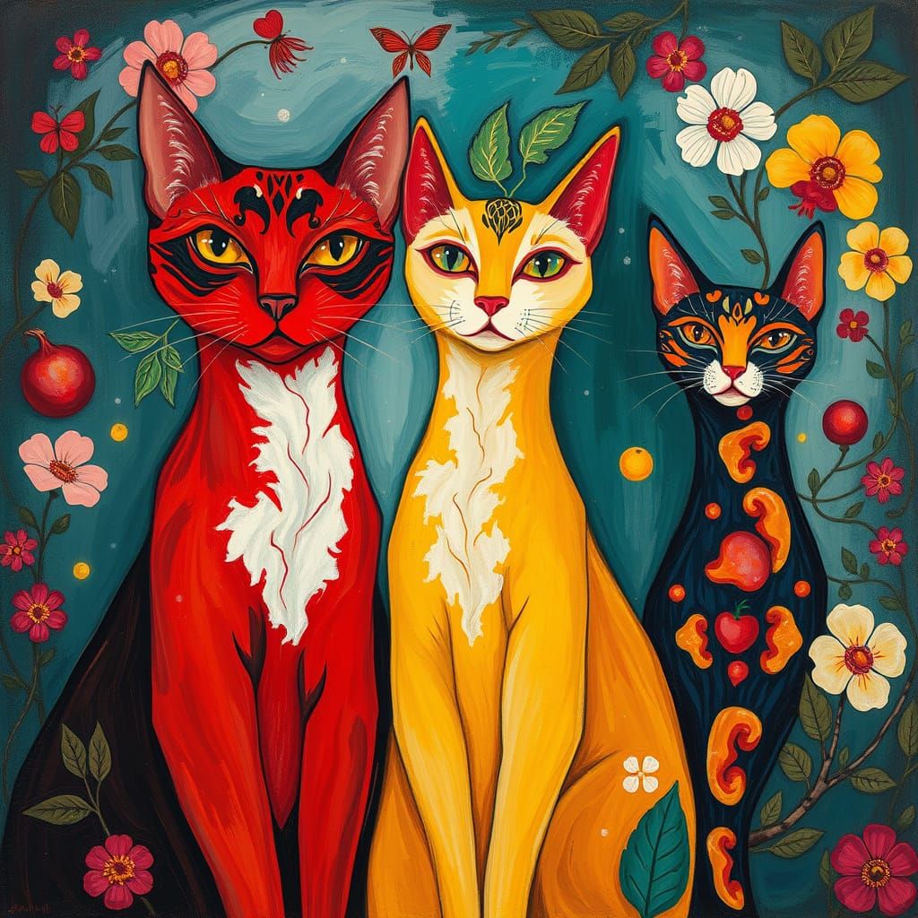 Fruit-Infused Felines in Vibrant Expressionist Style