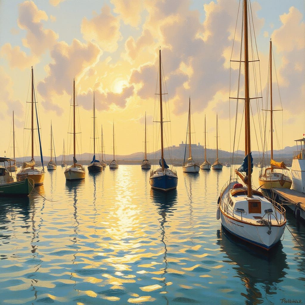 Impressionist Port Scene with Sailboats at Sunset