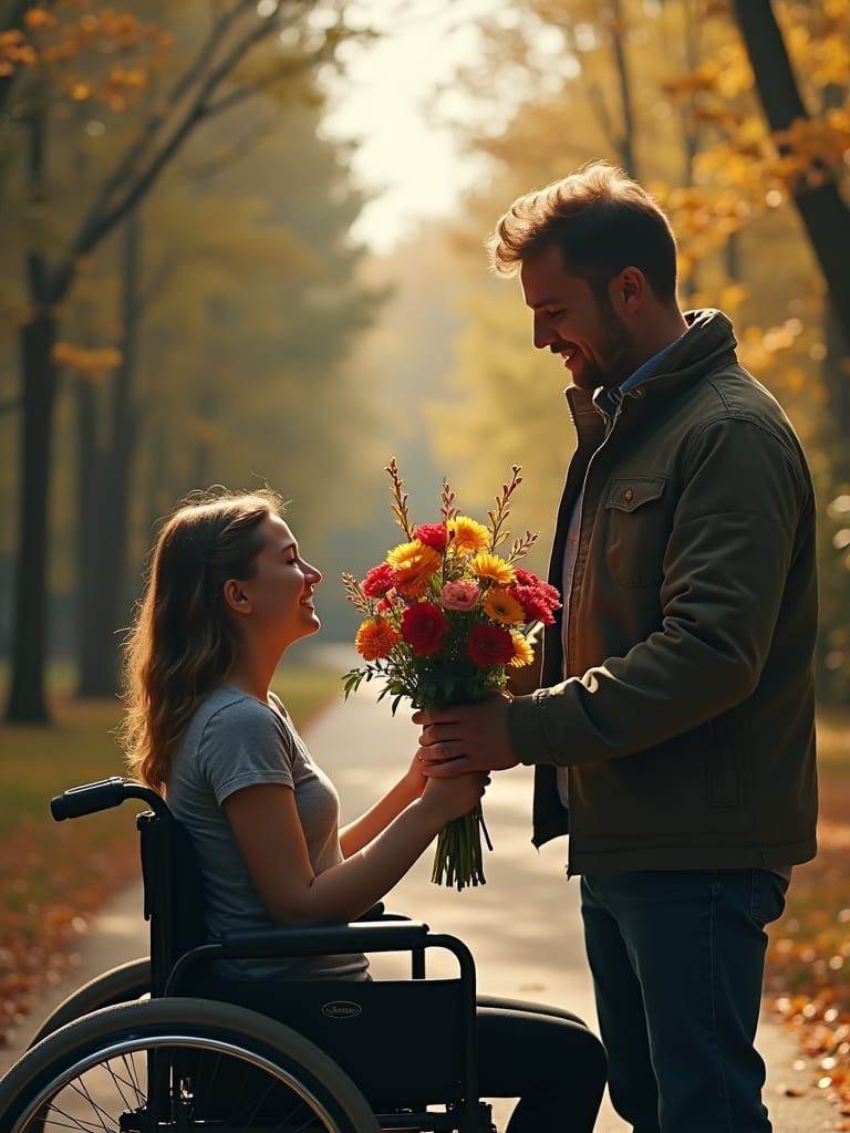 Touching Scene: Man Gives Flowers to Woman