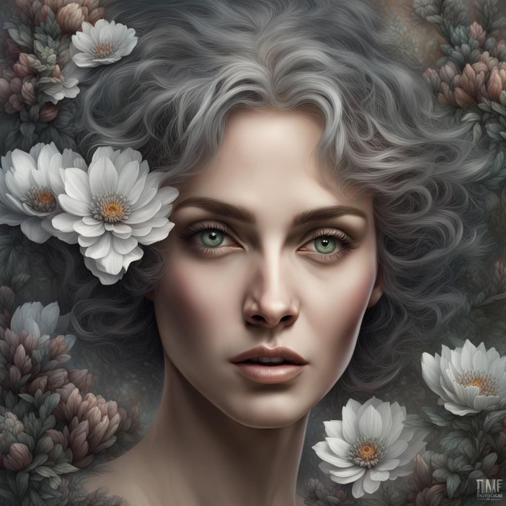 Intense Portrait of an Old Woman in a Colorful Garden