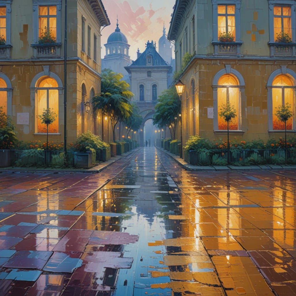 Colourful Alleyway in Neo-Impressionist Style