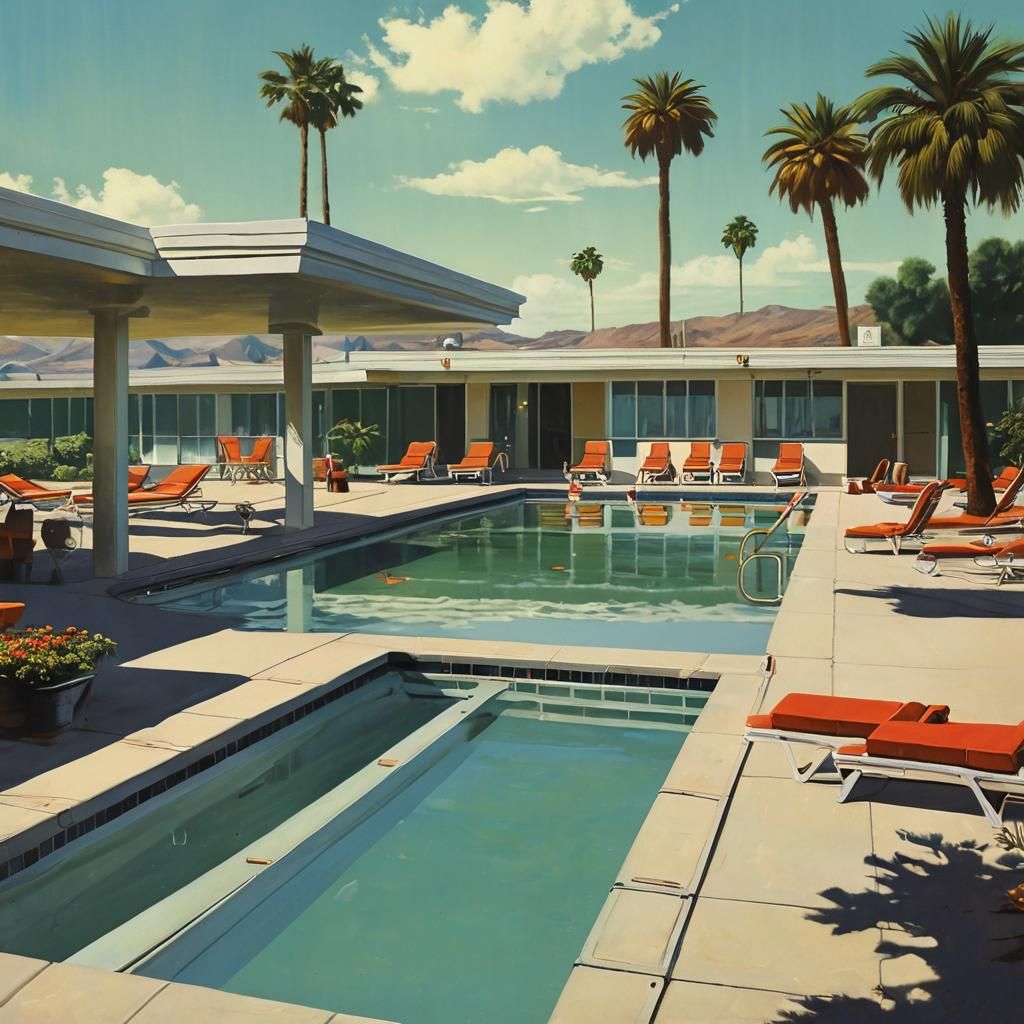 Motel Pool in Sci-Fi Retrofuturism Style