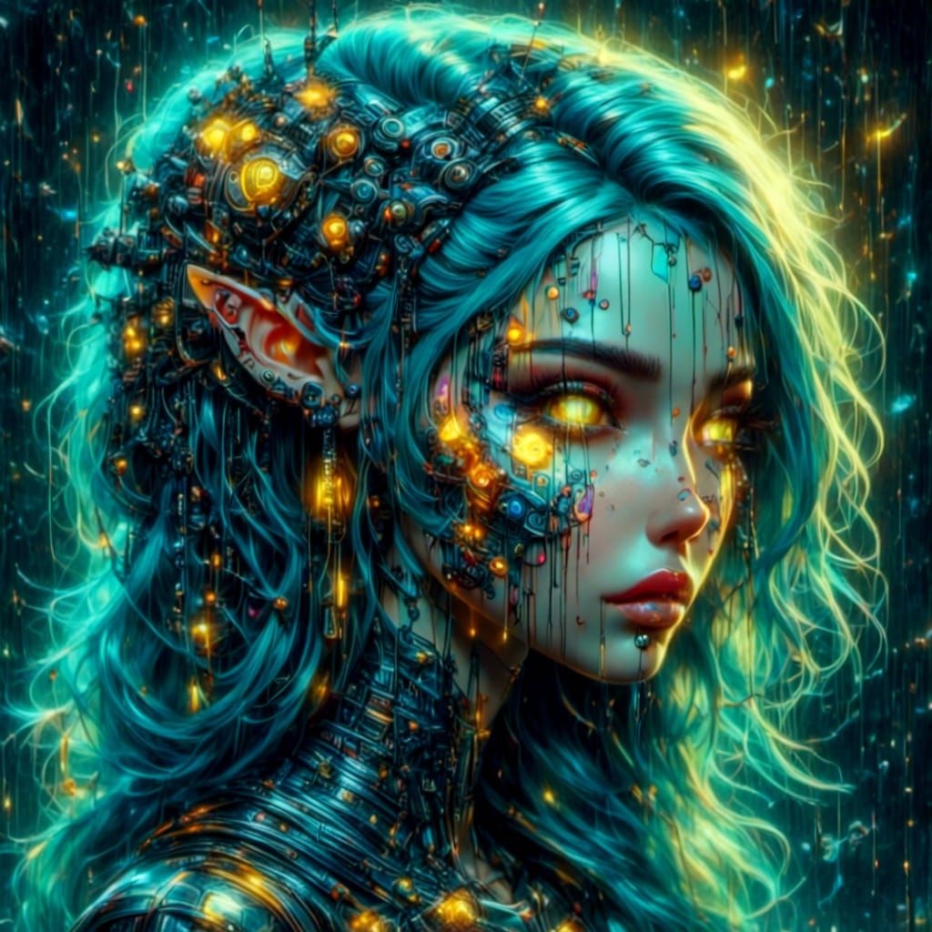 Cyberpunk Elf Pinup with Neon Graffiti Art