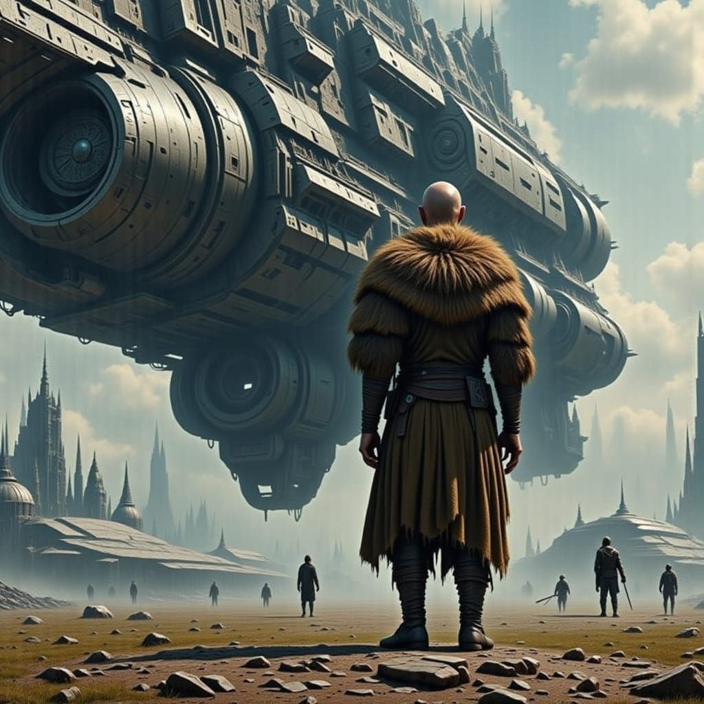 Cyberpunk Viking Stands Beside Futuristic Spaceship