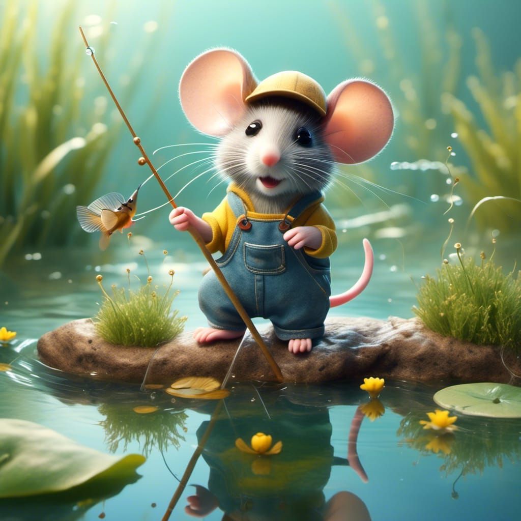 Mouse Fishing in Pond: Whimsical 3D Render