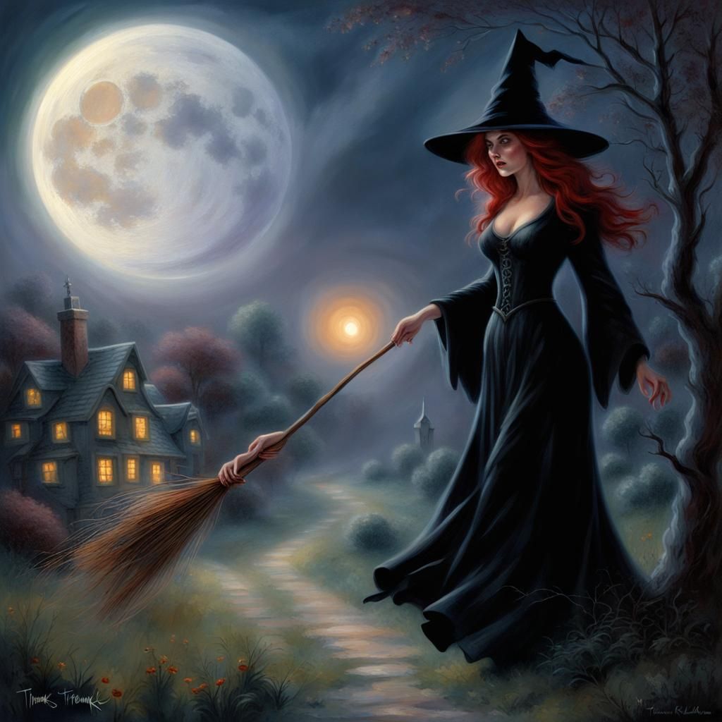Night Witch Rides Broom in Ethereal Fantasy Style