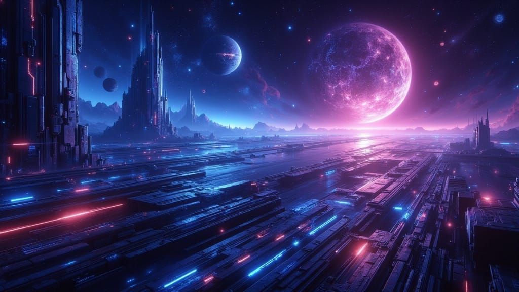 Futuristic Cosmic Data Hub with Glowing Interfaces