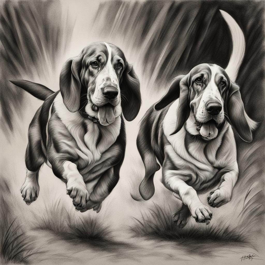 Basset Hounds Playfully Chase: Charcoal Drawing